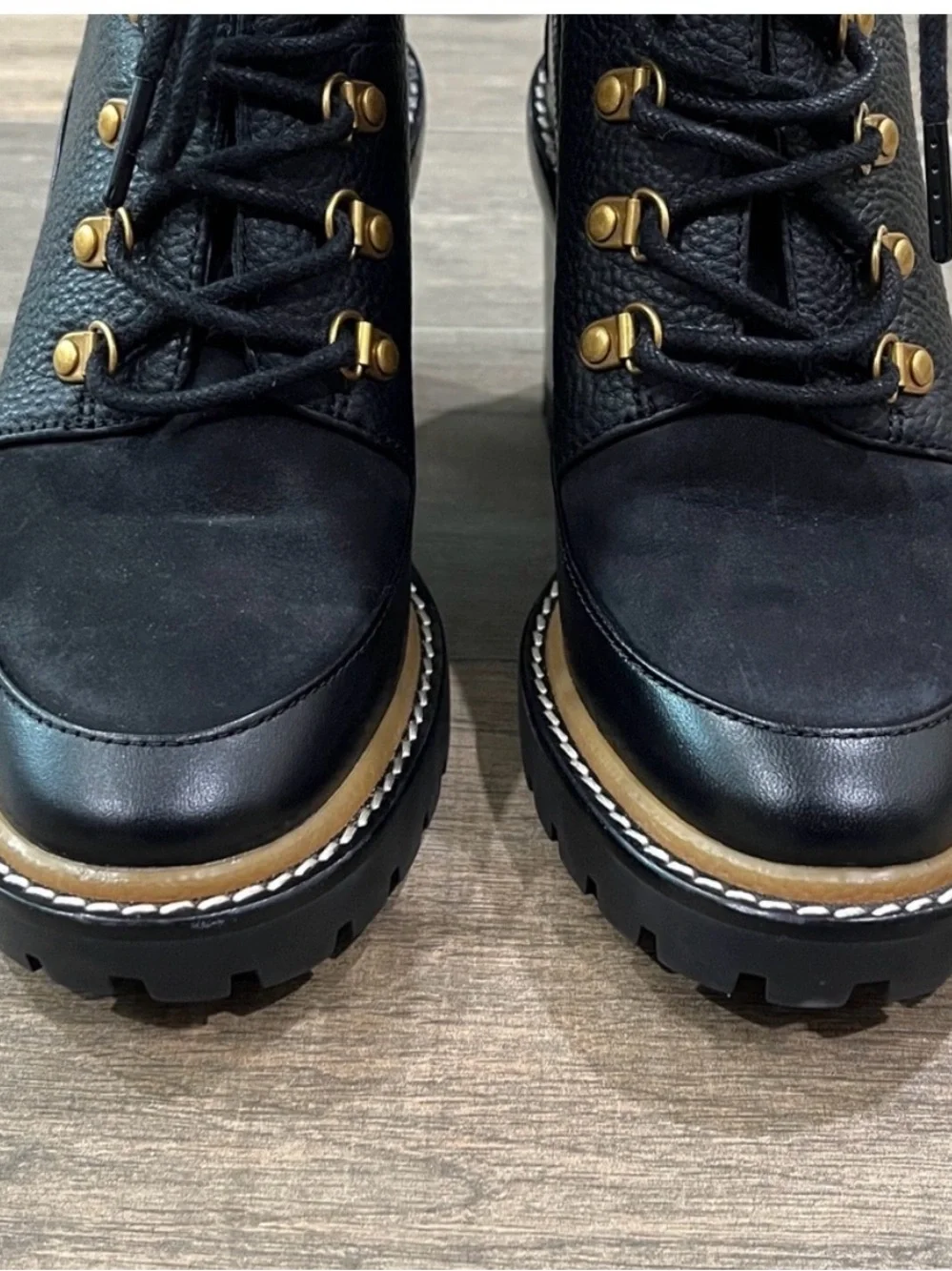 Tory Burch Black Leather Lace-Up Lug Heel Boots with Gold Hardware